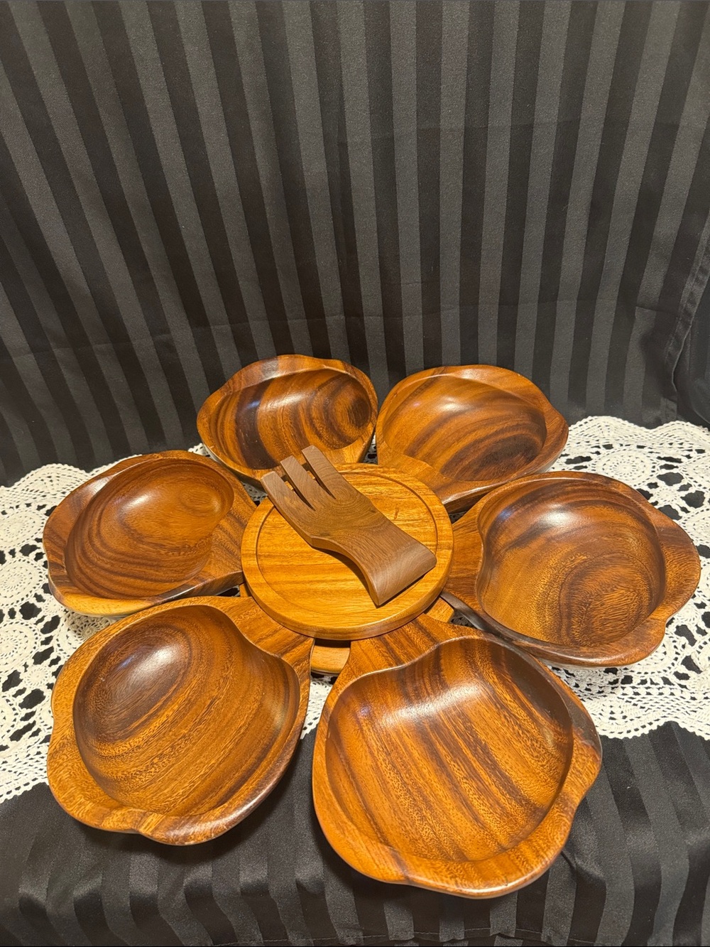 Wood Serving Tray Set with 6 Bowls and Fork - Brown